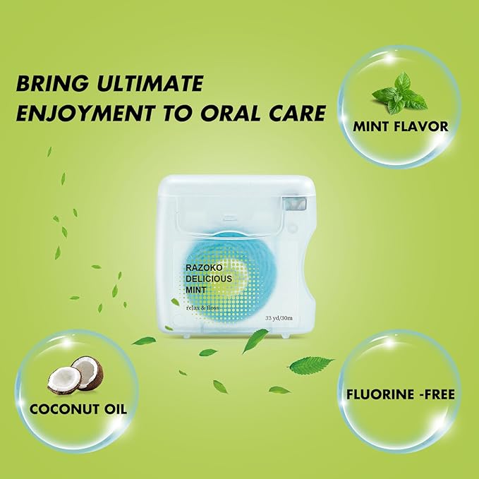 RAZOKO Coconut Oil Infused Woven Dental Floss, Vegan and Cruelty-Free, Mint Scent, 4 Month Supply(33 Yds x 2 Units)