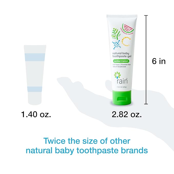 Rain Natural Baby Fluoride Free Kids Toothpaste Gel - Safe to Swallow Infant Toddler Tooth Paste, 2.8 Oz, Babies Training, Ages 6 to 12 months and Up Vitamin C Watermelon Toothpaste for Kids 0-6 years