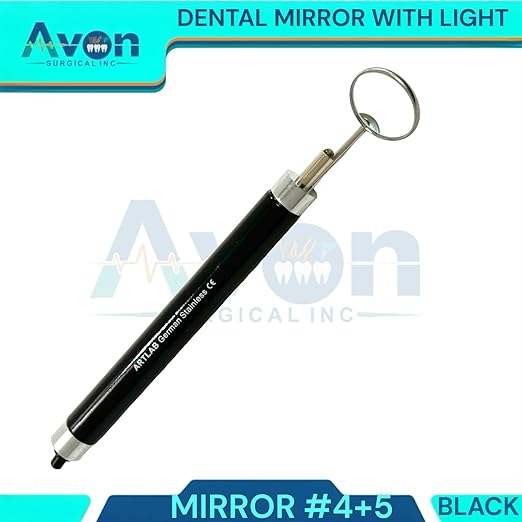 2 Pack - Dental Teeth Examination Mirror Handles with Mirror Heads #4 + #5 - with Illumination Light - Black and Blue Handles - German Stainless