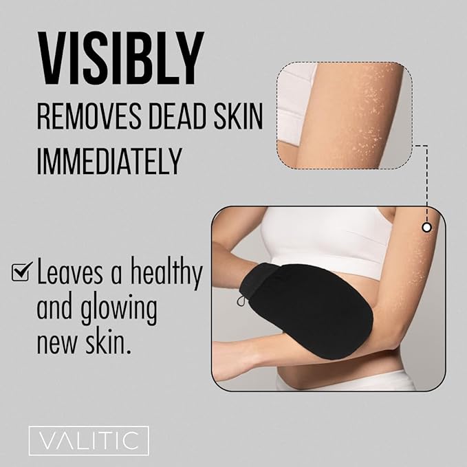 Valitic Exfoliating Glove Body Scrubber - Exfoliating Mitt Dead Skin Remover, Shower Face and Body Exfoliator - Korean Style Skin Scrubber Washcloth - Spray and Self Tan Remover, Pair Black