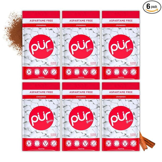 PUR Gum | Aspartame Free Chewing Gum | 100% Xylitol | Natural Cinnamon Flavored Gum, 55 Pieces (Pack of 6)