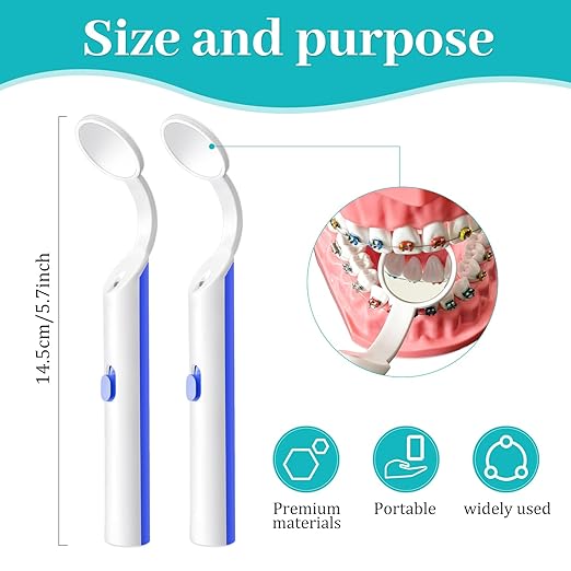 2 Pieces Dental Mirror with Light - LED Lighted Teeth Inspection Mirror, Anti Fog Curve Angle Mouth Mirrors Dentist Oral Assistant Care Tool Accessories (Blue)