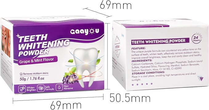 Purple Teeth Whitening Powder, Grape & Mint Flavor Natural Teeth Whitener, Color Corrector Toothpaste Powder for Tooth Stain Removal