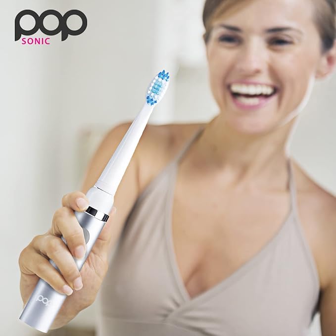 Pop Sonic Electric Toothbrush (Metallic Silver) - Travel Toothbrushes w/AAA Battery | Kids Electric Toothbrushes with 2 Speed & 15,000-30,000 Strokes/Minute, Dupont Nylon Bristles