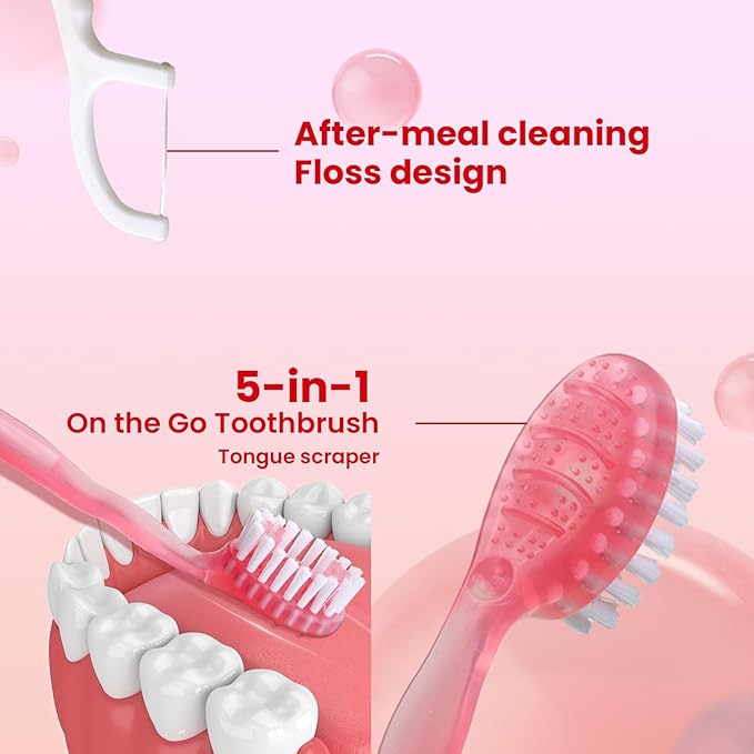 20Pack Mini Disposable Toothbrushes Set 5-in-1 Portable Pre-Pasted Travel Toothbrush with Toothpaste + Tongue Scraper + Floss + Pick Individually Wrapped Small Prepasted Toothbrush for Kids Adults