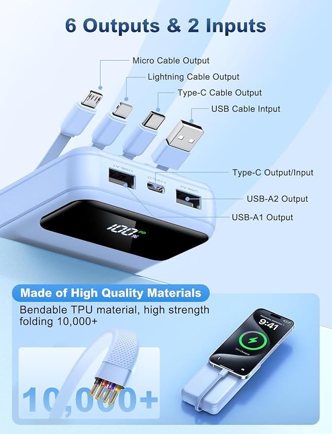 Portable Charger Power Bank 50000mAh Battery Pack, 22.5W Fast Charging PowerBank with Built in Cables,Travel Essential USB-C Portable Phone Charger for iPhone Samsung Pixel Android iPad-Blue