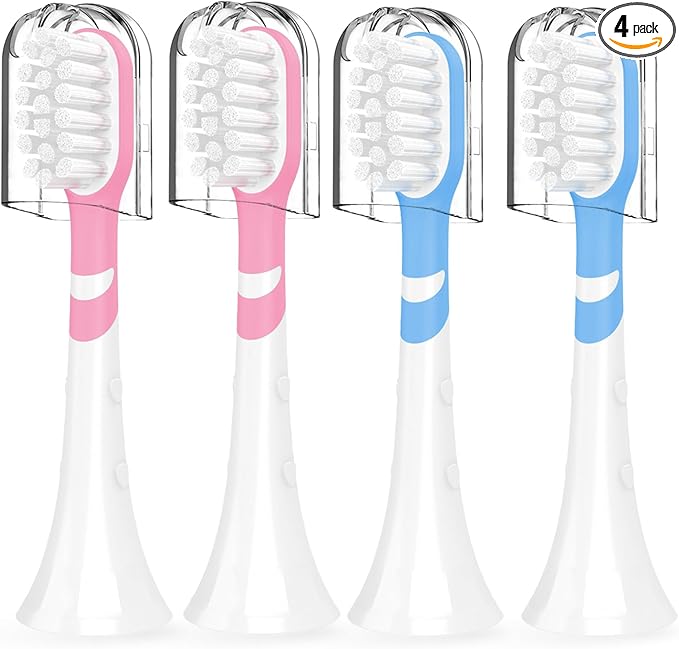 Kids Toothbrush Heads Compatible with Electric Philips Sonicare Handle 6032/94 6321 6340 6042 6320 6330, Replacement Heads Compact for Child 3-7 Years Old, Mini Brush Heads with Caps, Pink&Blue 4 Pack