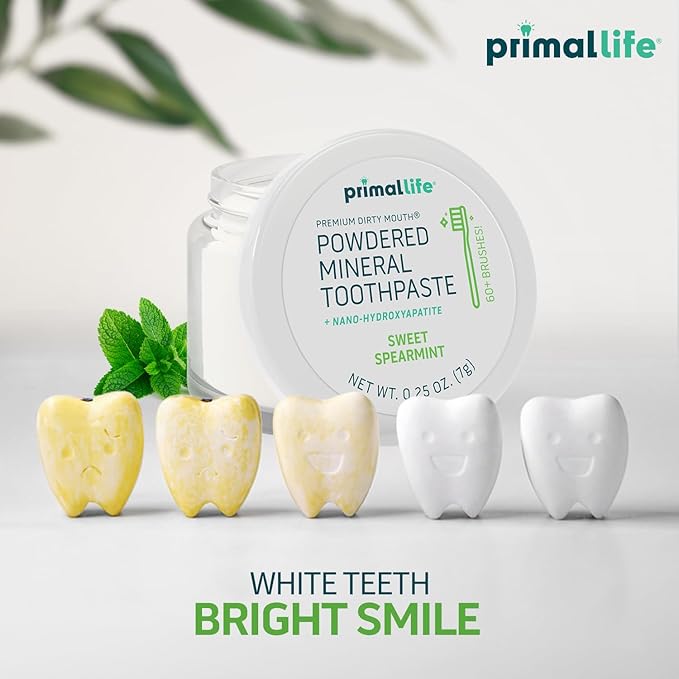 Primal Life Organics - Dirty Mouth Toothpowder, Tooth Cleaning Powder, Flavored Essential Oils with Natural Kaolin & Bentonite Clay, Good for 60+ Brushings, Organic, Vegan (Sweet Spearmint, 0.25 oz)