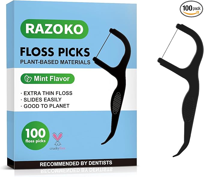 RAZOKO Biodegradable Dental Floss Picks, Charcoal Toothpick Stick Soft On Gum & Teeth, Plant Based Dental Floss Picks for Adults & Kids, 100 Count Mint
