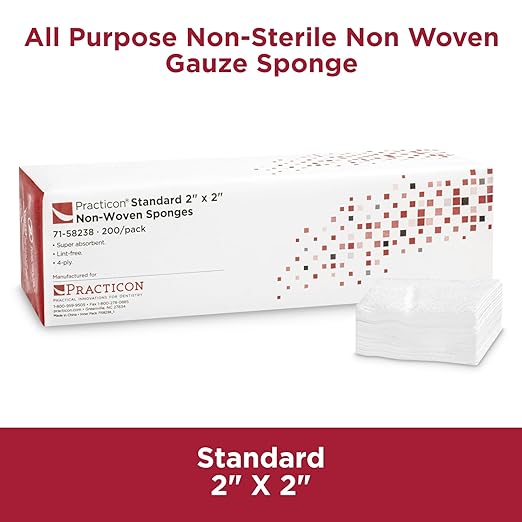 Practicon Standard 2X2 Non-Woven Gauze Sponges, Lint Free 4-Ply Gauze Pads, Non-Sterile, All Purpose for Dental, Medical, First Aid, Cleaning, Wound Care & Dressing, 1 Pack of 200 Sponges