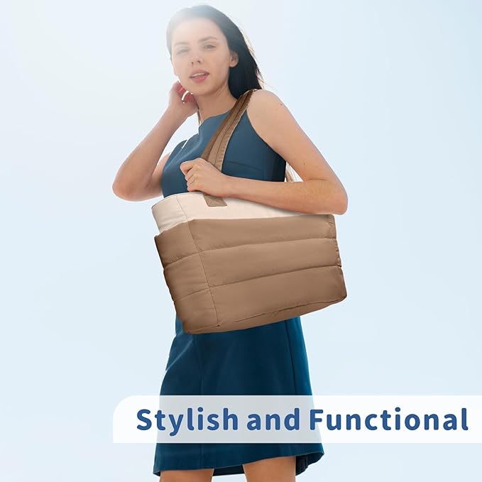 TOPDesign Puffer Tote Bag for Women, Lightweight Puffy Handbag with Compartments, Quilted Shoulder Bag for Work, Travel, Gym