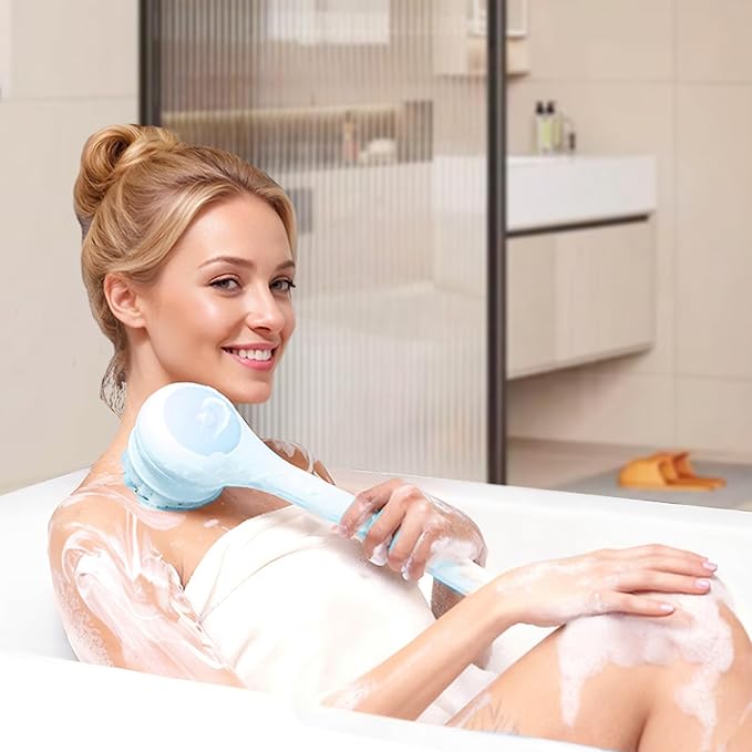 Electric Body Brush Back Scrubber for Shower, Waterproof Long Dual Handle Power Body Scrubber with 3 Heads, Rechargeable Bath Brush & 2 Speeds, for Cleansing, Exfoliating and Massaging Skin