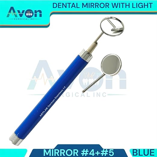 2 Pack - Dental Teeth Examination Mirror Handles with Mirror Heads #4 + #5 - with Illumination Light - Black and Blue Handles - German Stainless