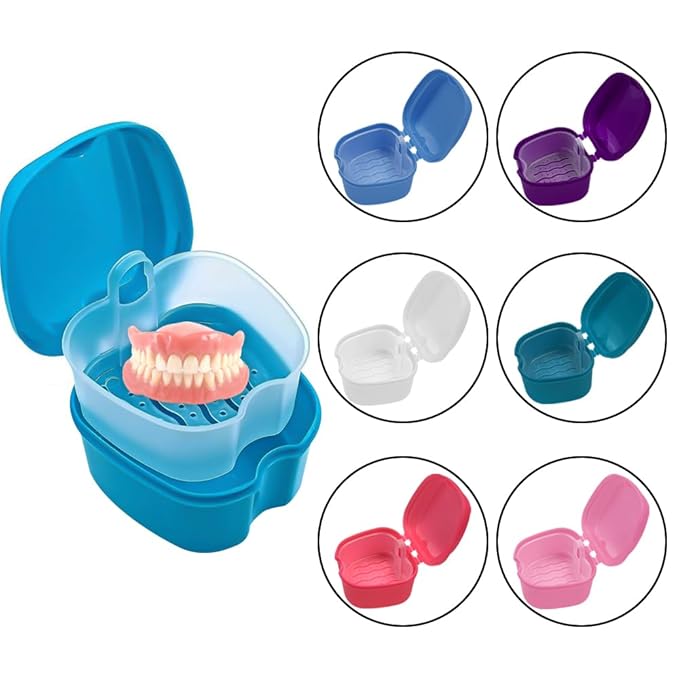 2pcs Denture Bath Retainer Case, Dentaure Cups for Soaking Dentures with Strainer Basket Tray,Compact and Pportable Design, Suitable for Traveling (Light Blue+Purple)
