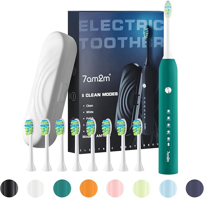 7AM2M Sonic Electric Toothbrush for Adults and Kids, with 8 Brush Heads and Travel Case,5 Modes with 2 Minutes Built in Smart Timer, One Charge Use for 90 Days,Rechargeable Toothbrushes(Peacock Green)