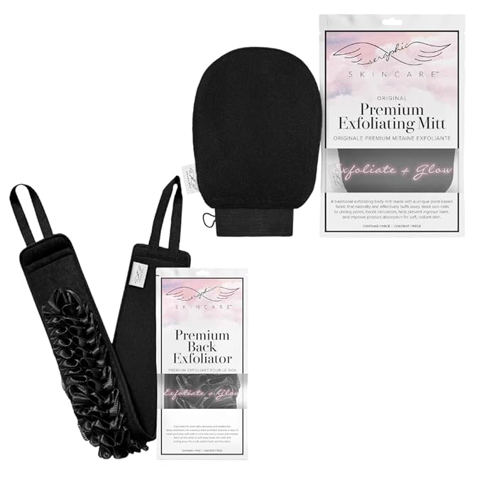 Seraphic Skincare (Original) Premium Exfoliating Mitt for Body (1pc) & Back Exfoliator – Body Exfoliator for Self-Tan Removal – Dual-Sided Back Scrubber for Deep Exfoliation & Cleansing