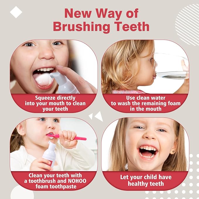 NOHOO Fluoride Free Foam Toothpaste Kids Fruit Flavour,Natural Training Toothpaste for Baby Toddler Children Oral Cleaning and Cavity Protection(Strawberry + Peach)