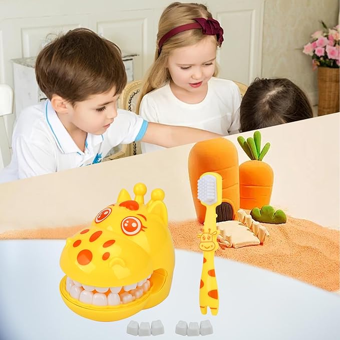 Cartoon Giraffe Early Education Dental Toy Set - Cute Interactive Teeth Model with Toothbrush for Teaching Brushing, Toothbrushing Trainer, Teeth Development Tool for Baby Toddler Kids