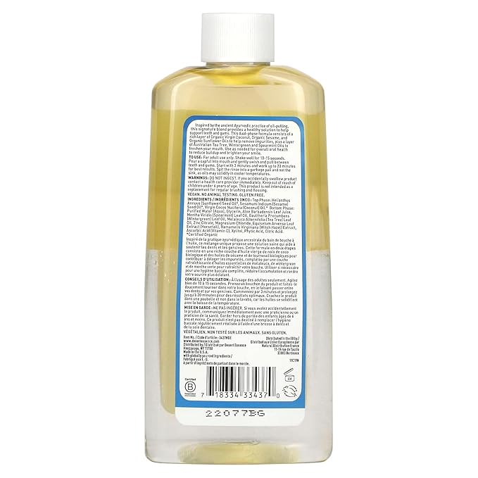 Desert Essence Coconut Oil Dual Phase Pulling Rinse, Mint, 8 fl oz - Alcohol Free, Sugar Free, Gluten Free, Vegan, Non-GMO - Organic Virgin Coconut Oil, Sesame Oil, Sunflower Oil & Tea Tree Oil