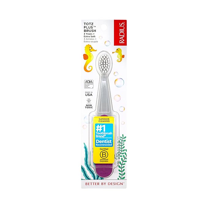 RADIUS Totz Plus Brush Kids Toothbrush Silky Soft BPA Free ADA Accepted Designed for Delicate Teeth & Gums for Children 3 Years & Up - PurpleGrey - Pack of 1