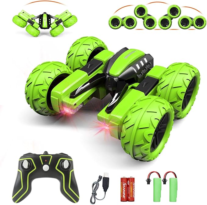 Remote Control Car for Kids 6-12 Years Old, Birthday Gift Toy for Boys Age 6 7 8+, RC Car Stunt with Light 4WD Double Side Racing Vehicle 360° Flips Offroad Indoor Outdoor Sand Grass Garden Green