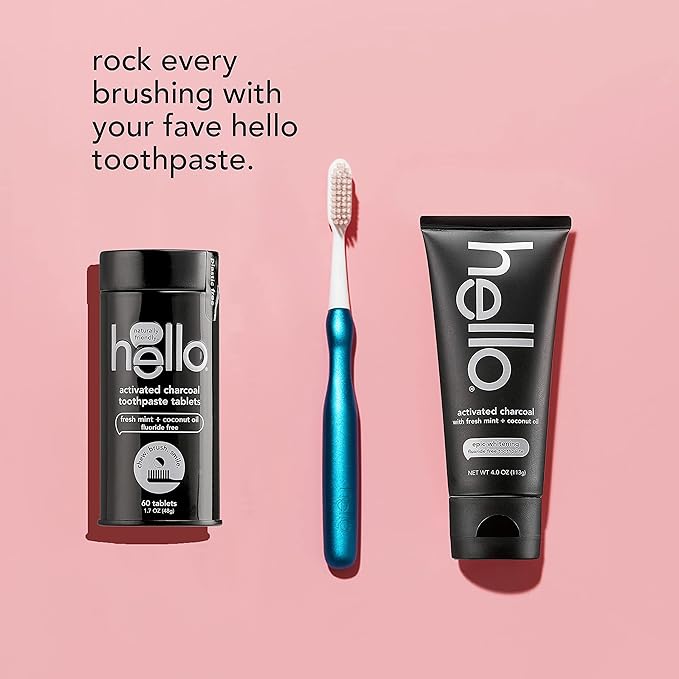hello Manual Adult Toothbrush With Reusable Blue Modern Aluminum Handle & 4 Soft Replacement Heads, Bpa-free, 4 count