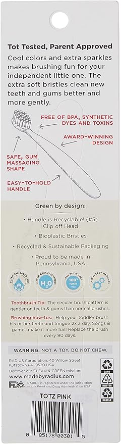 RADIUS Totz Toothbrush Extra Soft Brush BPA Free & ADA Accepted Designed for Delicate Teeth & Gums for Children 18 Months & Up - Pink Sparkle - Pack of 2