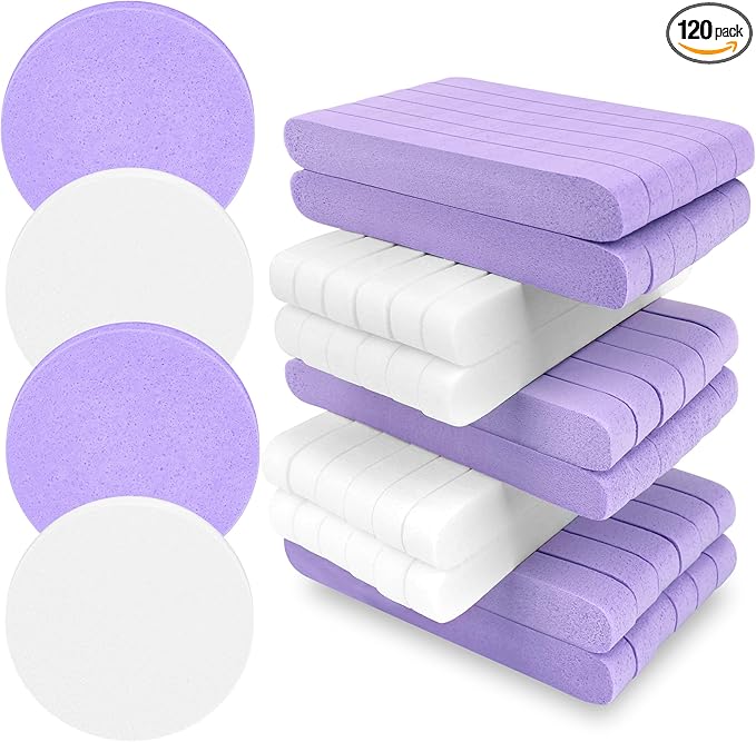 120 Pcs Facial Sponge Compressed, Luxiv Face Cleansing Sponge Estheticians Compressed Makeup Facial Sponge Round Wash Face Sponges for Women Compress Exfoliating Removal Sponge (White+Purple)