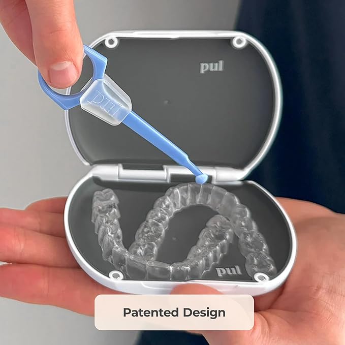 PUL Clear Aligner & Retainer Case – for Invisalign, Partial Dentures, Mouth & Night Guards, PUL Removal Tool, Dental Removables – Plastic Holder w/Secure Magnet Closure, Sleek & Slim Design – White