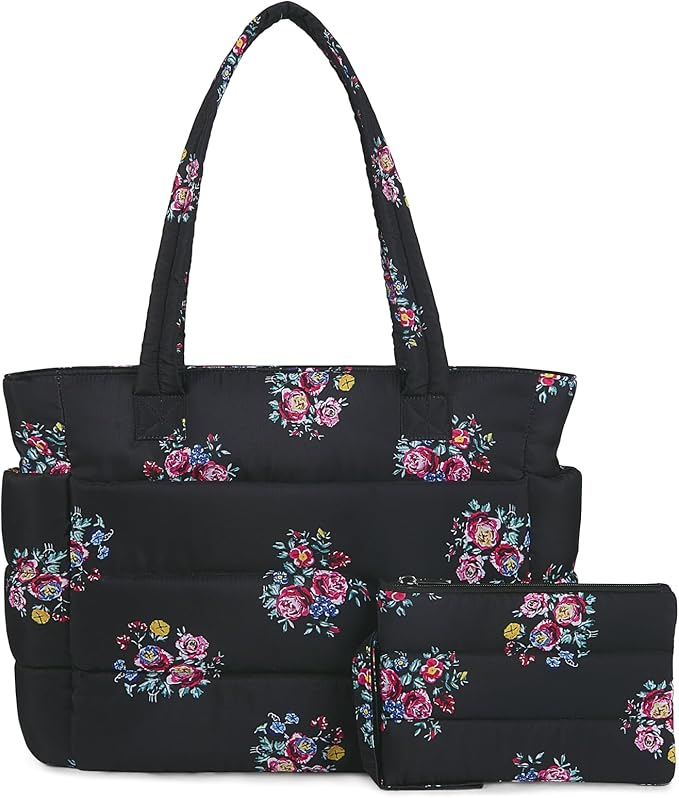 TOPDesign Puffer Tote Bag for Women, Lightweight Puffy Handbag with Compartments, Quilted Shoulder Bag for Work, Travel, Gym
