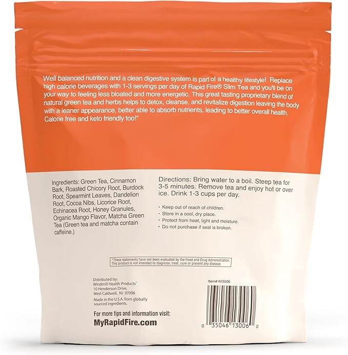 Rapid Fire Slim Tea Bags, Blend of Natural Herbs and Botanicals, Promotes Energy and Digestion, Supports Metabolism, 14 Servings Mango Flavor