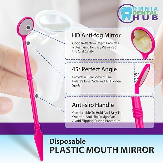 200 PCs Dental Grade Disposable Dental Mouth Mirrors with Spatula Handle by Omnia ONE | Pink Oral Dental Mirror Plastic Dental Instrument | Anti Fog Mouth Glass Mirror for Teeth
