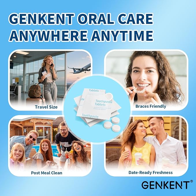 GENKENT Toothpaste Tablets, Fluoride & Plastic Free Chewable Toothpaste Tabs, Eco & Travel Friendly (60 Count)