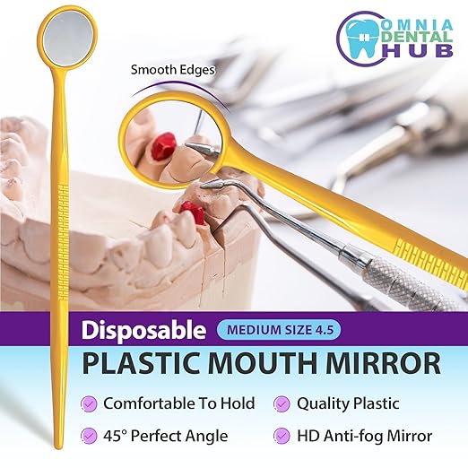 100 PCs Dental Grade Disposable Dental Mouth Mirrors by Omnia ONE | Oral Dental Mirror Plastic Dental Instrument | Anti Fog Mouth Glass Mirror for Teeth with Handles Plastic Tooth Mirror