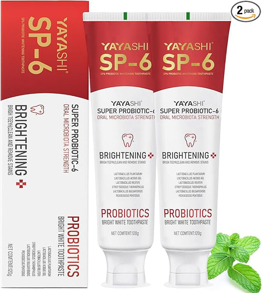 2-Pack SP-6 Probiotic Whitening Toothpaste - Enhanced Formula with 6 Probiotics for Teeth Whitening and Gum Health - Enamel-Safe, Fluoride-Free, Double Mint Flavor,Fresh Breath (Double Mint)