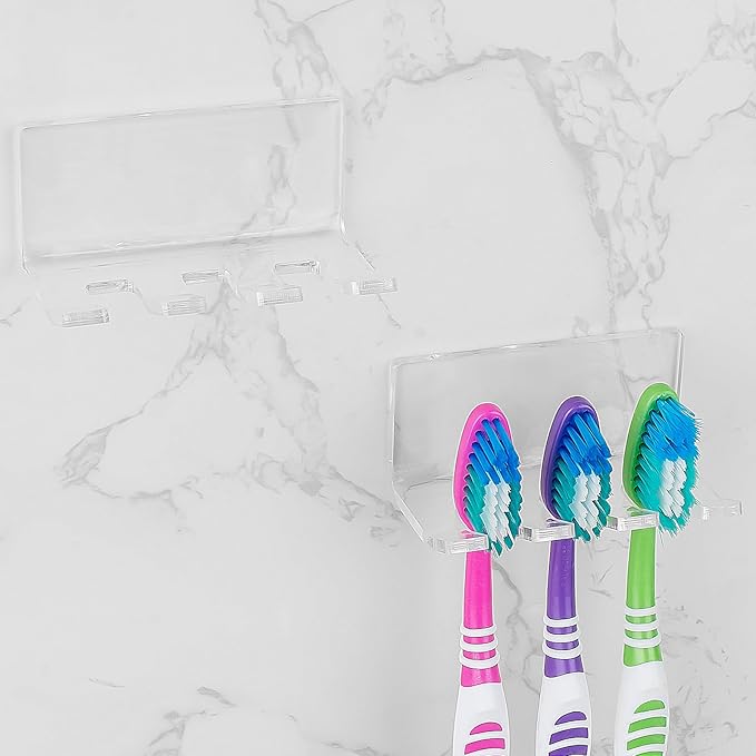2 Pack Self Adhesive Toothbrush Holders Wall Mounted, 3 Slots Electric Toothbrush Organizer for Shower, Multipurpose Rack Hanger for Power Plug, Razor, Key(Clear)