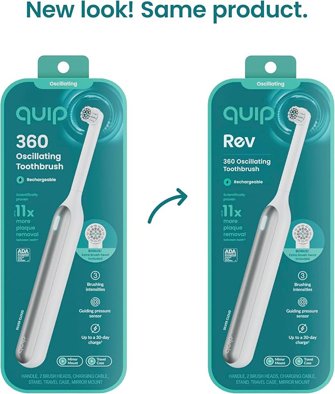 Quip Rev 360 Oscillating Rechargeable Electric Toothbrush with Replaceable Brush Head - Soft Bristles, Pressure Sensor, 3 Intensities, 30-Day Battery Life, Travel Case - Silver Cloud