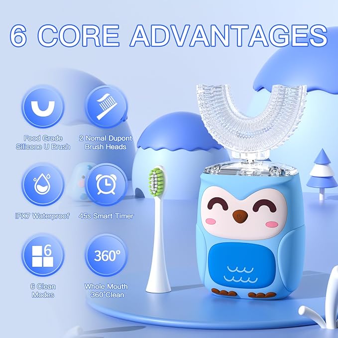 Kids Electric U Shaped Toothbrush Kids Sonic Toothbrush with 4 Soft Brush Head Automatic Full Mouth 6 Cleaning Mode-(Age2-7 Blue)