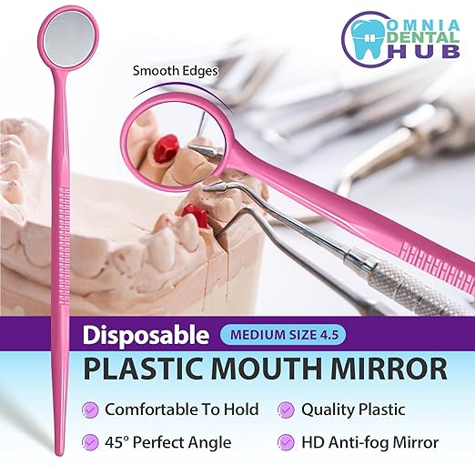 100 PCs Dental Grade Disposable Dental Mouth Mirrors by Omnia ONE | Oral Dental Mirror Plastic Dental Instrument | Anti Fog Mouth Glass Mirror for Teeth with Handles Plastic Tooth Mirror