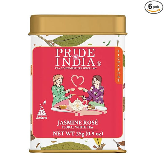 Pride of India | PACK of 6 - Jasmine Rose Royal White Tea | 15 Pyramid Full Leaf Individually Wrapped Tea Bags | Smooth & Sweet Flavor | Soothing & Calming Experience | Less Caffeine