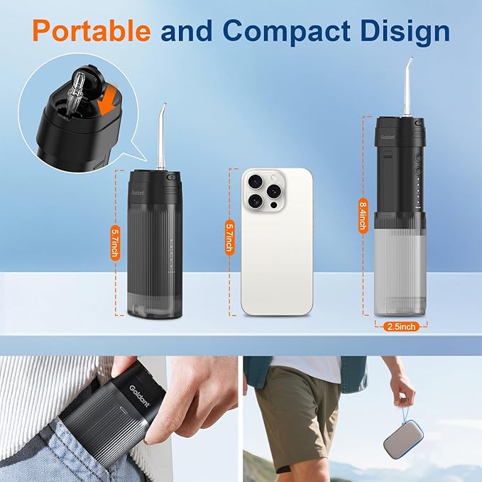 Portable Water Flosser for Teeth with Exquisite Travel Case, Cordless Rechargeable Mini Oral Irrigator with Removable Tank, IPX7 Waterproof, 4 Modes & 4 Jet Tips for Tooth Cleaning (Black)