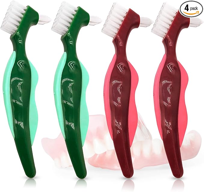 Premium Hard Denture Brush Toothbrush for False Teeth, Multi-Layered Bristles & Portable Denture Double Sided Brush, Denture Care (Pack of 4)