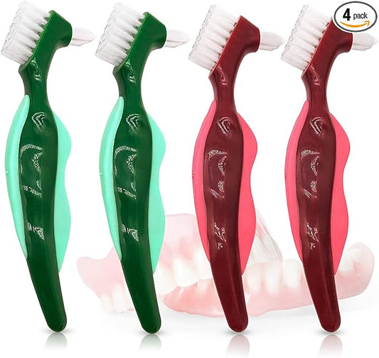 Premium Hard Denture Brush Toothbrush for False Teeth, Multi-Layered Bristles & Portable Denture Double Sided Brush, Denture Care (Pack of 4)