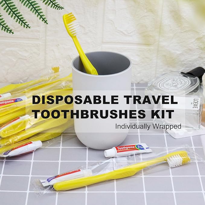 Disposable Toothbrushes with Toothpaste,1500 Pack Yellow Hollow Individually Wrapped Disposable Travel Toothbrushes Kit in Bulk for Homeless,Nursing Home,Hotel,Charity