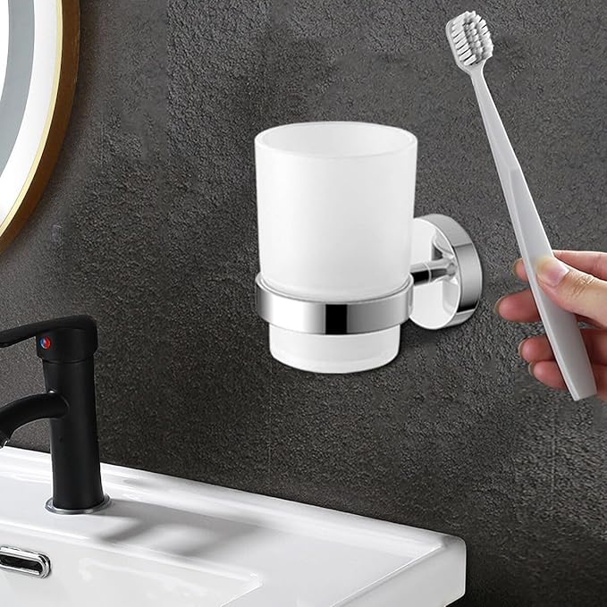 Toothbrush Holder Wall Mounted with Satined Cup with Chrome-Plated Holder,Metal Stainless Steel (Pack of 2)