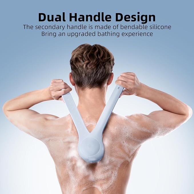 Electric Body Brush Back Scrubber for Shower, Waterproof Long Dual Handle Power Body Scrubber with 3 Heads, Rechargeable Bath Brush & 2 Speeds, for Cleansing, Exfoliating and Massaging Skin