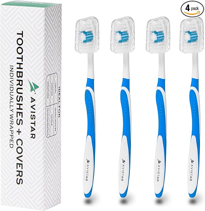 4 Pack Toothbrushes for Adults - Individually Wrapped Medium Bristle Toothbrushes with Covers - Blue - Convenient & Affordable Dental Care for Travel, Hotels, Airbnb, Missions & More