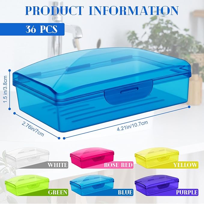 36 Pcs Travel Soap Container Portable Plastic Soap Boxes Bulk with Lid Homeless Donations Bulk Gym Shower Tour Groups Hotel Outdoor Camping (Mixing Colors)