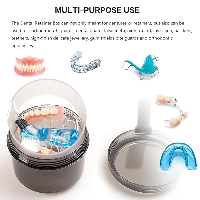 Leak Proof Travel Denture Bath Case for Full Dentures, Denture Cups for Soaking Dentures, Denture Container Cups with Brush for Dentures, Aligner, Retainers, Mouth Guard (Transparent Black)