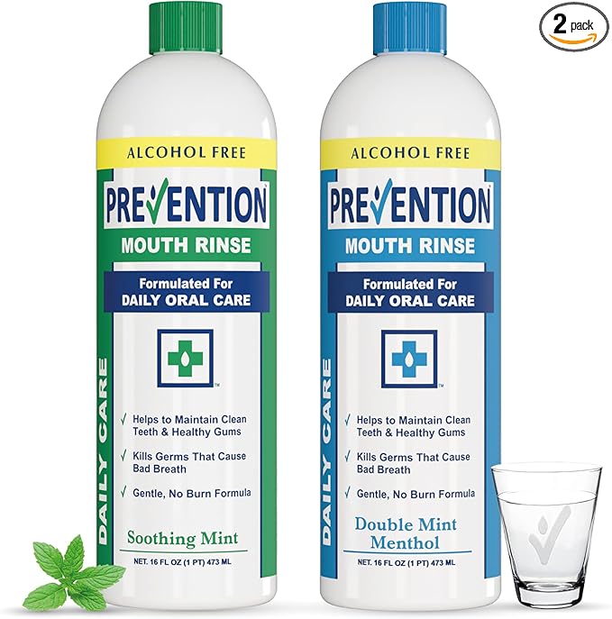 Prevention Daily Care Combo Pack, Alcohol-Free Mouthwash, Hydrogen Peroxide Teeth Whitening, 1 Bottle of Soothing Fresh Mint, 1 Bottle of Double Mint Menthol, Gum Care Oral Mouth Rinse 16 oz 2 Pack.